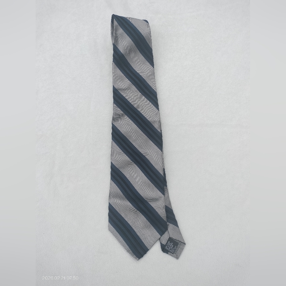 Zanzara Men's Classic Striped Black, Blue And White Silk Tie Hand Made Work